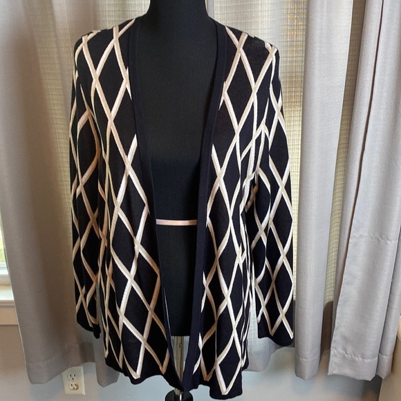 Croft & Barrow Cardigan Sweater Black Beige White Diamond Pattern sz PXL NWT - Picture 1 of 7